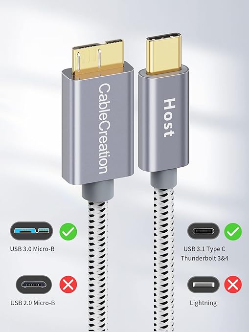 CableCreation 1FT*2 USB C to Micro B Cable,10Gbps Speed External Hard Drive Braided,USB 3.1 Type C to Micro B Work for iPhone 15 Series,Seagate WD Westgate My Passport,MacBook Pro,iPad/Tablet,Grey