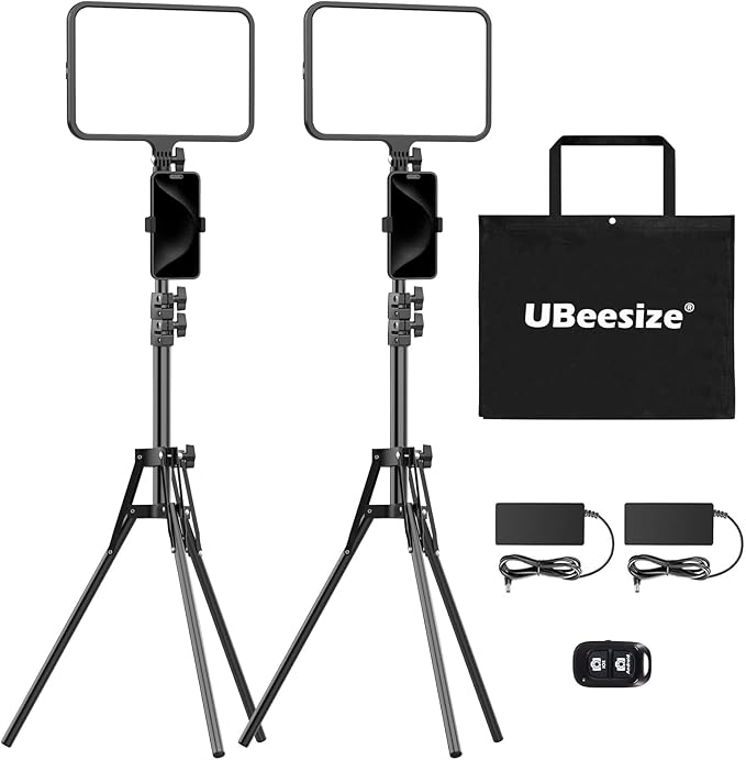 UBeesize 2 Pack LED Video Light Kit, Photography Lighting, 13" Studio Lights with 65" Tripod Stand and Phone Holders, Podcast Lighting for Video Recording,Tiktok,YouTube