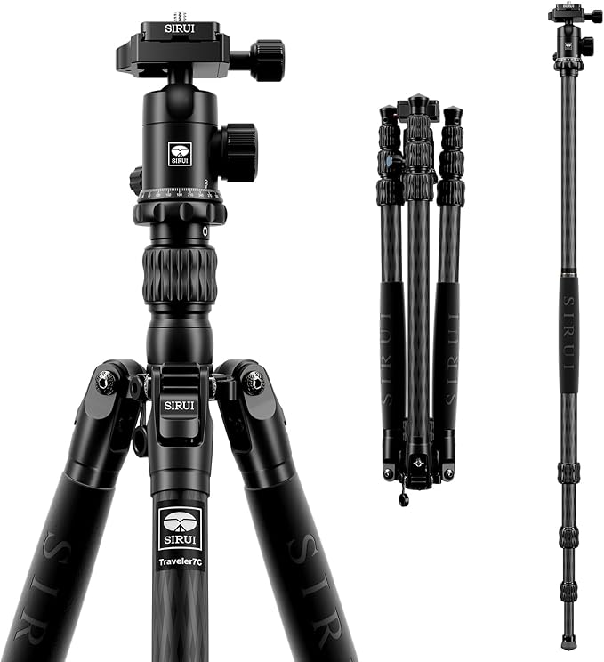 SIRUI Traveler 7C Camera Tripod 65.55 inches Carbon Fiber Arca Tripod with E-10 360° Panorama Ball Head and Arca Swiss Quick Release Plate Load Capacity Up to 17.6lbs, Convertible to Monopod