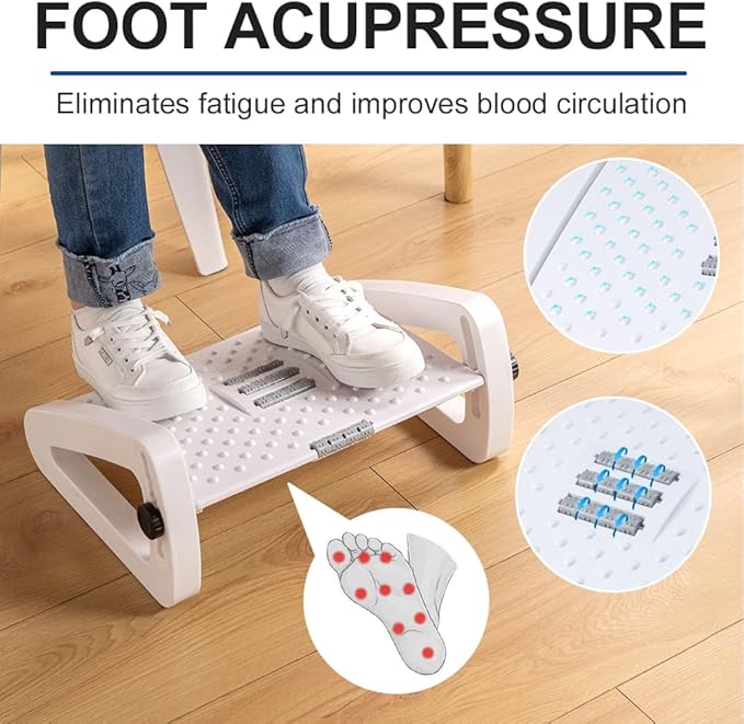 Foot Rest for Under Desk At Work - Six Heights Adjustable Under Desk Footrest - Ergonomic Foot Stools for Under Office Desks - Desks Foot Rest with Massage Rollers - Leg Rest for Chair (White)