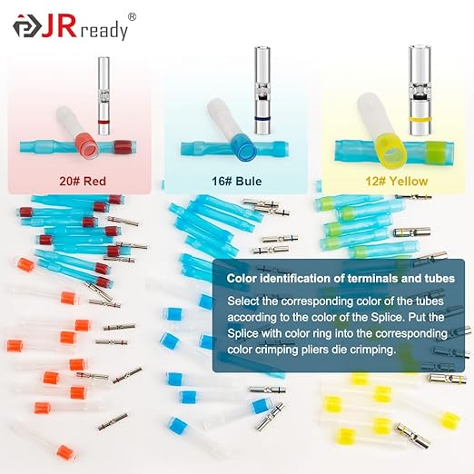 JRready ST6385-12-50 M81824/1 Series Waterproof Heat-Shrinkable Splice Yellow Butt Splice Connectors 16-12 AWG (M81824/1-3), Wire-to-Wire Splicing with Alternative Temp. PVDF/PE Tubes 50Sets