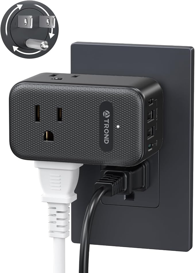 TROND Multi Plug Outlet Extender, 3 AC Outlet Adapter with 360 Rotating Plug, Black Power Splitter with PD 20W USB C Charger, A Compact Solution to Home Dorm Room Travel Cruise Essentials