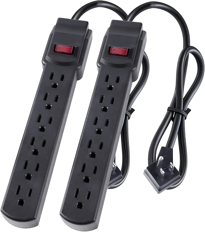 6-Outlet Surge Protector 2pk – 250 Joules, 2ft Cord, 15A/125V, 1875W Max – Right Angle Plug, Black – Home, Office, & Electronics Protection