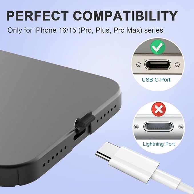 6 Pack USB C Dust Plug, Anti-Lost USB C Plug Cover USB C Charging Port Protector Cover with Speaker Dust Cover Compatible with iPhone, 16, 15 (Pro, Plus, Pro Max) iPhone 17
