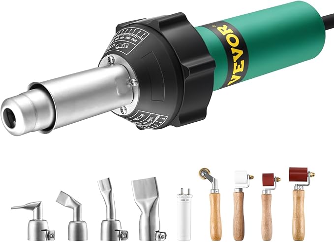 VEVOR Hot Air Plastic Welder, 1600W Hot Air Torch Pistol, 122-1112℉ PVC TPO Vinyl Heat Gun Welding Torch, Plastic Roofing Welding Kit with 9 Accessories- 4 Nozzles & 4 Seam Rollers for PP/PE/PVC Sheet