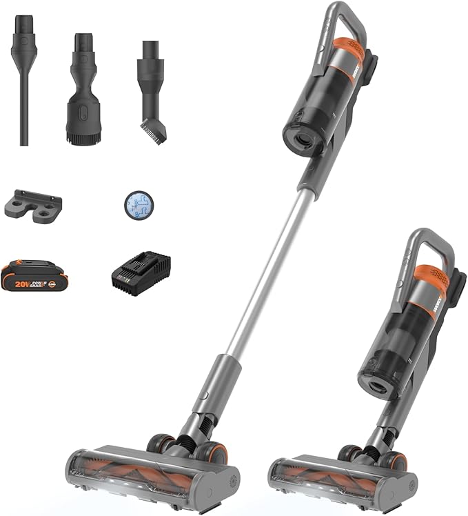 WORX 20V Cordless Stick Vacuum, Powerful Cordless Vacuum Cleaner 25Kpa High Suction for Pet Hair, Lightweight Handheld Vacuum Cleans Floors Carpet Car – Battery & Charger Included