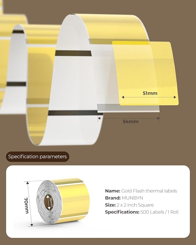 MUNBYN 2x2 Inch Gold Transparent Thermal Labels, Square Fine Glitter Printable Thermal Stickers for Small Businesses, 500 Labels/1 Roll