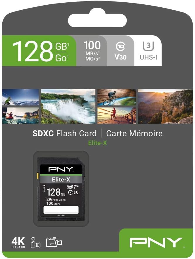 PNY 128GB Elite-X Class 10 U3 V30 SDXC Flash Memory Card - 100MB/s, Class 10, U3, V30, 4K UHD, Full HD, UHS-I, Full Size SD (Pack of 1)
