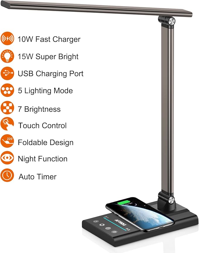 AFROG 5th Gen Multifunctional LED Desk Lamp with 10W Fast Wireless Charger, USB Charging Port,1800Lux Super Bright,5 Lighting Mode,7 Brightness, Touch Control, Auto Timer, 15W Office Table Lamp