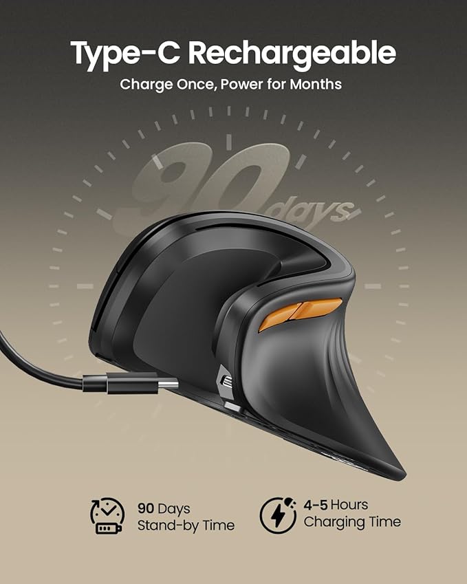 ProtoArc Ergonomic Mouse, EM11 NL Bluetooth Rechargeable Wireless Vertical Mouse, 3 Multi-Device Connectivity for Computer/PC/Laptop, 2.4GHz Optical Mice for Windows, Mac OS, Black