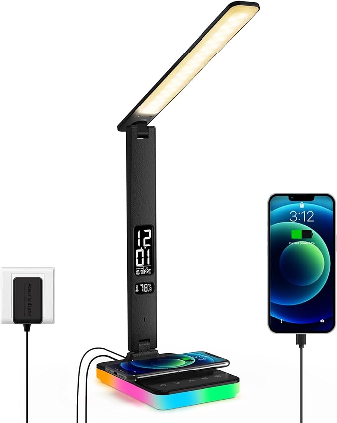 LED Desk Lamp for Home Office, USB Charging Port, Reading Lamp Desk Light with 5 Brightness, 3 Colors, Table Lamp with Clock, Alarm, Date, Temperature, Desk Lamp for College Dorm Room (Black)