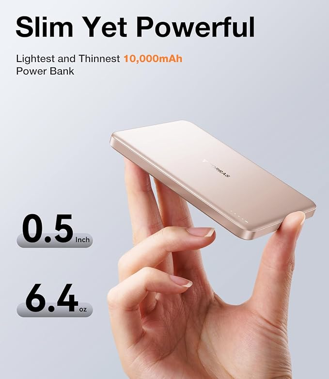 TORRAS MiniMag Power Bank,Ultra-Slim 10,000mAh Magnetic Wireless Portable Charger, 22.5W Fast Charging iPhone Air Magnetic Battery Pack Designed for iPhone 17 Pro Max/17 Pro/Air/16/15/14/13/12, Gold