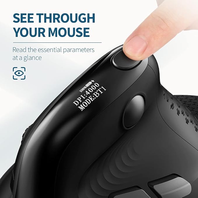 DeLUX Seeker Wireless Ergonomic Vertical Mouse with OLED Screen, BT and USB Receiver, Connect with Up to 4 Devices, Thumb Wheel, 4000DPI, Programmable Rechargeable Silent Mouse(M618XSD-Black)