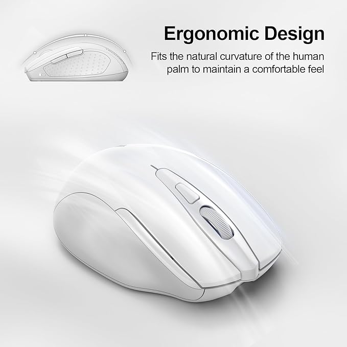TECKNET Rechargeable Wireless Mouse, 2.4G Silent Mouse, Quiet Click, 6 Adjustable 4800 DPI, Cordless Computer Mouse, Ergonomic Mouse for Laptop, 6 Buttons USB Mouse for Chromebook, Ergo Grip - White