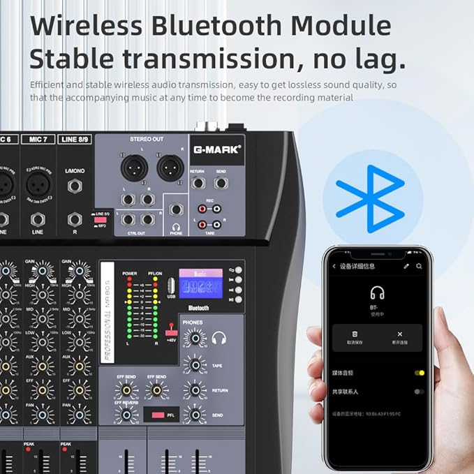 G-MARK MR80S Audio Mixer Interface USB Bluetooth Mixing Console 8 Channel 48V Phantom Power Sound Board Music Reverb For PC Stage DJ Studio Sound Controller Analog Mixer