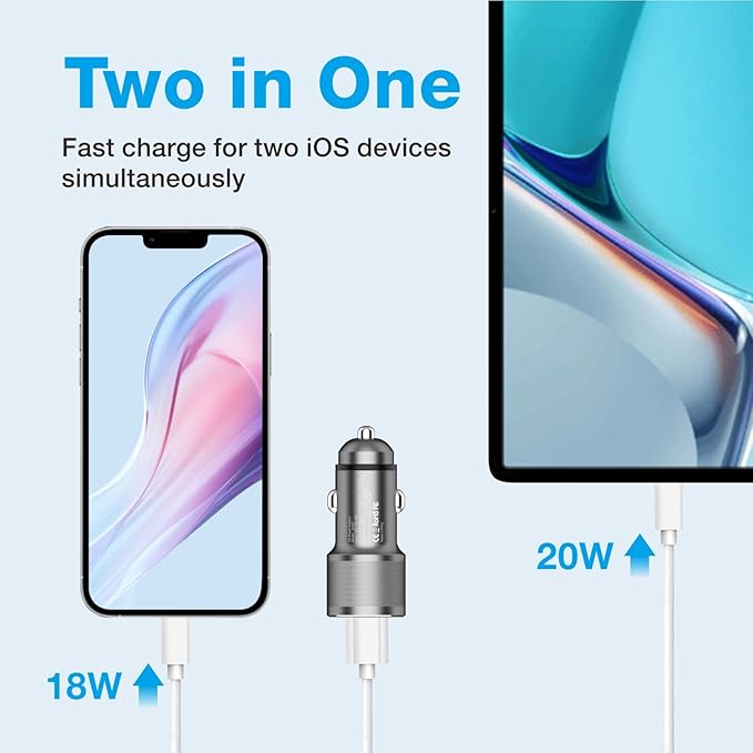 MOCA 38W Fast Car Charger, Dual Port USB C Power Delivery All Metal Lighter PD/ QC3.0 Car Charger with 2 Pack PD Lightning Cord Quick Charging for iPhone 16 15, Samsung Galaxy S25 S24, Pixel, Android