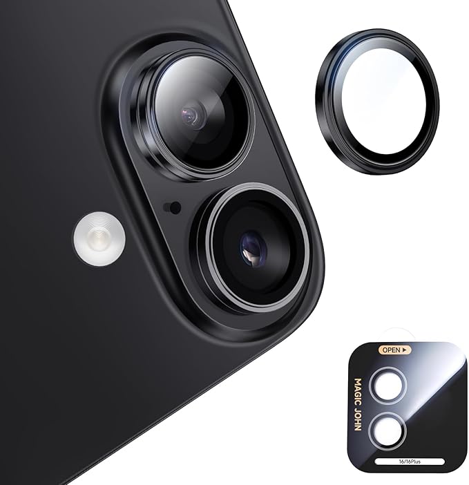 MAGIC JOHN for iPhone 16Plus/16 Camera Lens Protector [Alignment Kit&1:1 Invisible Perfect Fit] 9H Aerospace Tempered Glass Anti-Scratch Durable, Individual Cover Ring, Case Friendly, Set of 2, Black