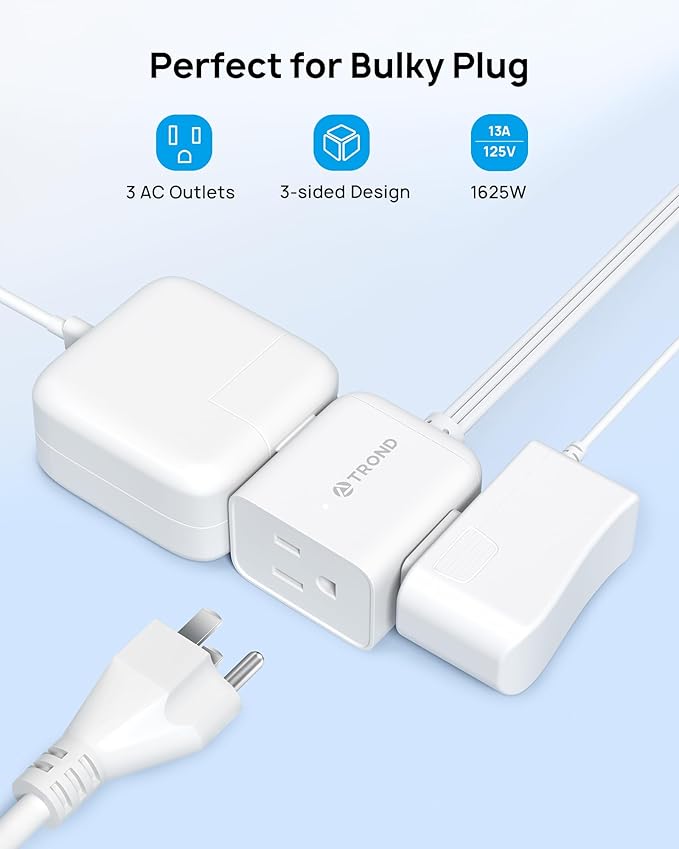TROND Flat Extension Cord 15ft with 360° Rotating Plug, Low Profile Small Power Strip, 3 Prong Grounded Outlets Cube, 13A, SPT 16/3 AWG Cable, for Indoor Home Office Kitchen Cruise Essentials, White