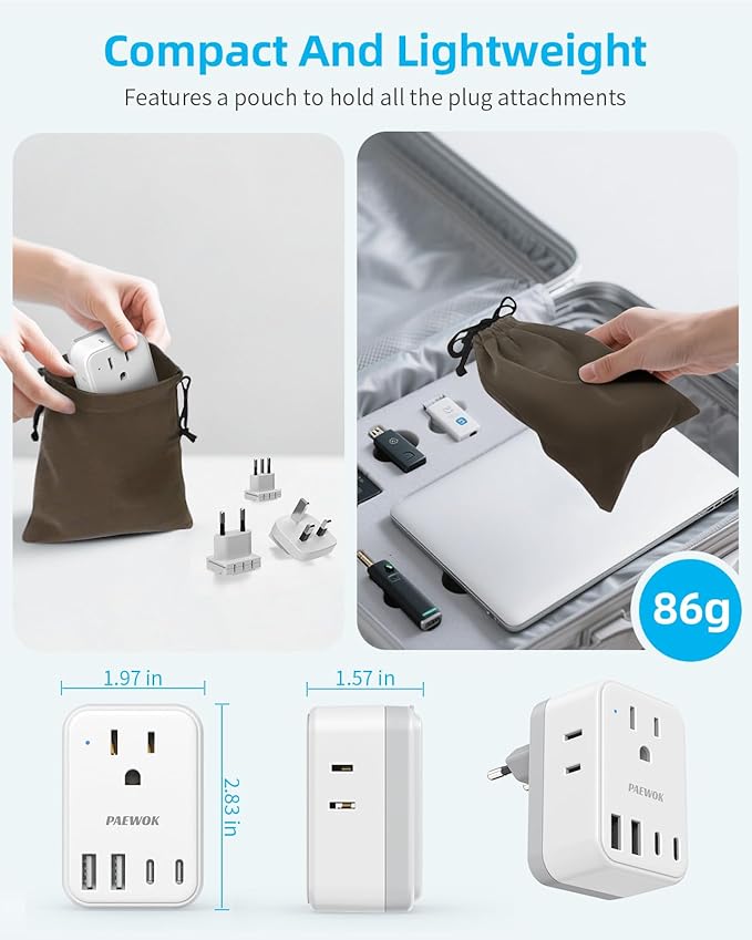 International Power Adapter Set, US to Worldwide Universal Travel Adapter- 4 AC Outlets 4 USB Ports (2 USB C), Type C/G/A/I/D/M Detachable Charger Plug for EU/UK/AUS/Japan/South Africa