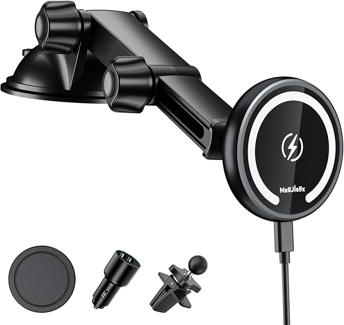 for Magnetic Magsafe Car Mount Charger, Wireless Car Charger with Fast Max 38W QC3.0Charging Adapter Retractable Phone Holder Fits iPhone16/15/14/13Plus/MagSafe Case,Dashboard/Vent/Windshield
