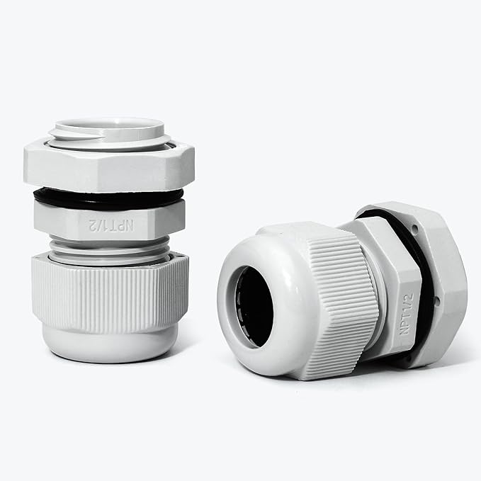 20 Pcs 1/2" NPT Nylon Cable Glands, IP68 Waterproof Adjustable Cord Grip Cable Connector Strain Relief Wire Protectors for 6-12mm Cable Diameter, Grey