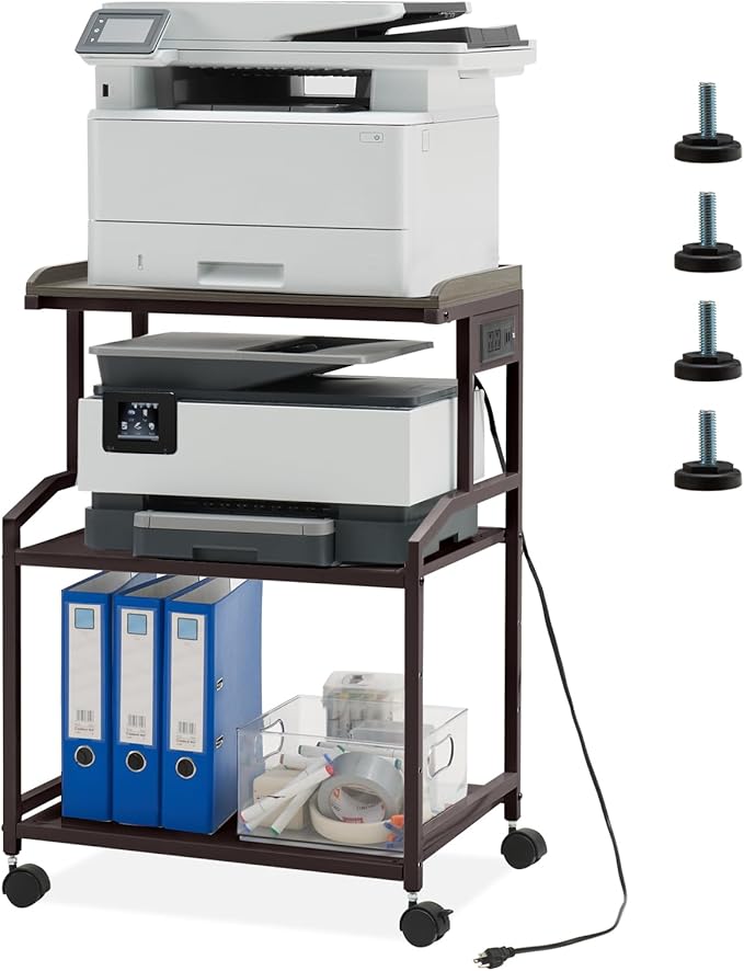 Lauren&Harold 34'' Printer Stand with Power Outlets & USB Ports, 3-Tier Adjustable Rolling Cart, Heavy Duty 150LBS Storage Table with Wheels for Office, Kitchen, Living Room, Bronze