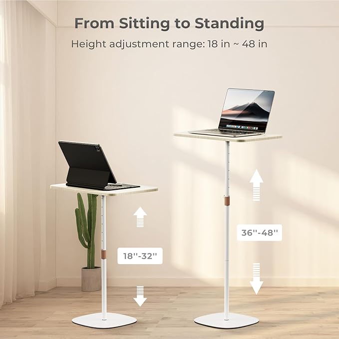 Portable Laptop Floor Stand, Bedside/Sofa Table with Height Adjustable 18''~48'', Sleek Wooden Lectern Standing Desk Mobile Podium for Home, Office, School, White