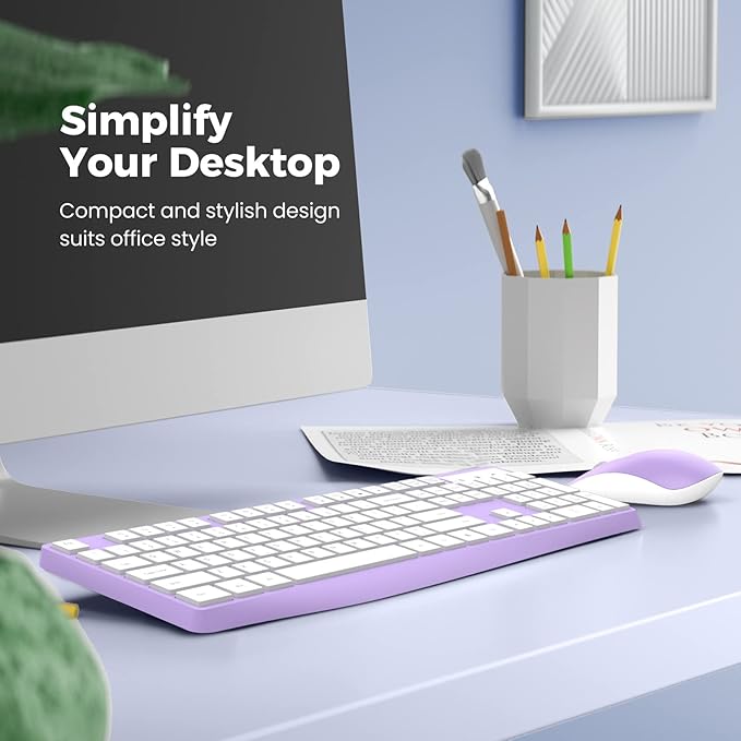 Wireless Keyboard and Mouse Combo, Lovaky 2.4G Full-Sized Ergonomic Keyboard Mouse, 3 DPI Adjustable Cordless USB Keyboard and Mouse, Quiet Click for Computer/Laptop/Windows/Mac (1 Pack, Purple)