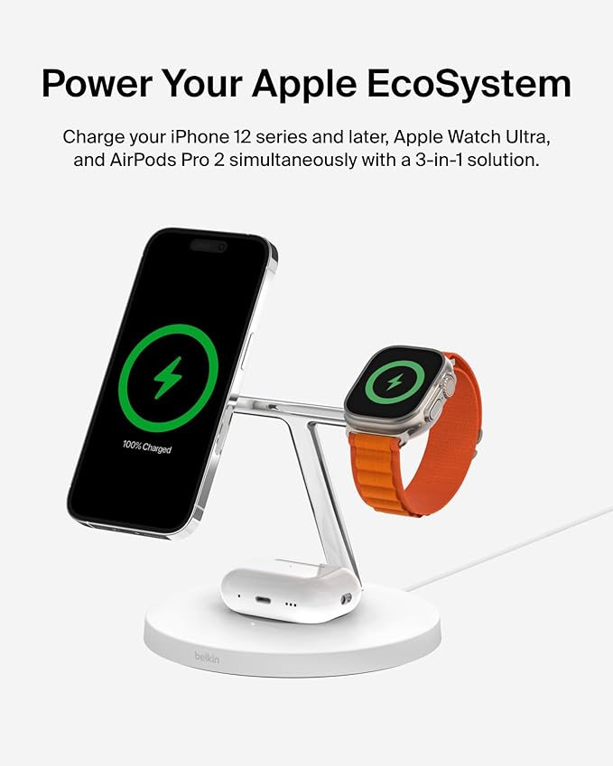 Belkin MagSafe Charger, 3-in-1 Wireless Charging Stand, 2ND GEN, 33% Faster for Apple Watch, iPhone 16, iPhone 15, iPhone 14 Series, AirPods - MagSafe Charging Station for Multiple Devices - White