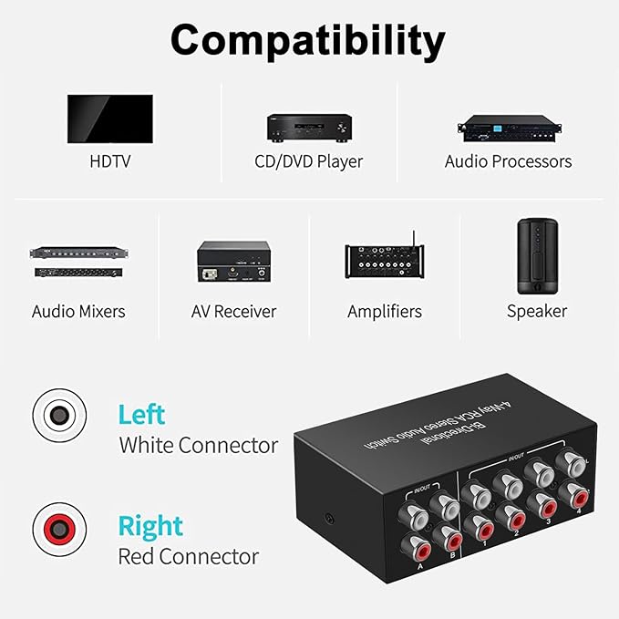 Y.D.F 4-Way Bi-Directional RCA Switch, HiFi AV L/R Sound Channel 2 in 4 Out or 4 in 2 Out, L/R Sound Channel Audio Switcher Splitter RCA Stereo Selector for DVD Stereo Speaker CD Player