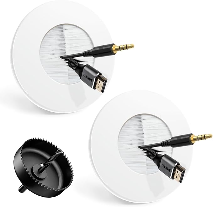 in Wall Cable Management Kit for Wall Mounted TV, Slim Round Wall Cable Pass Through with Hole Saw Drill Attachment for Easy Installation, White 2-Pack