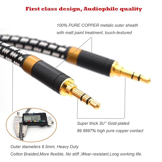 Aux Cord, Audiophile 3.5mm Stereo Audio Cable [1m (3.2 Feet), Silvered-Plated Copper core], Unbreakable and Great for Phone, Laptop, Tablets, Headphones, Cars and More