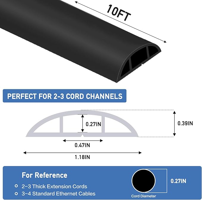 Floor Cord Cover Self Adhesive Cord Hider Floor Extension Cord Covers for Floor Power Cord Protector Cable Management Prevent Cable Trips Cable Cavity 0.47" W x 0.27" H (Black, 10Ft)