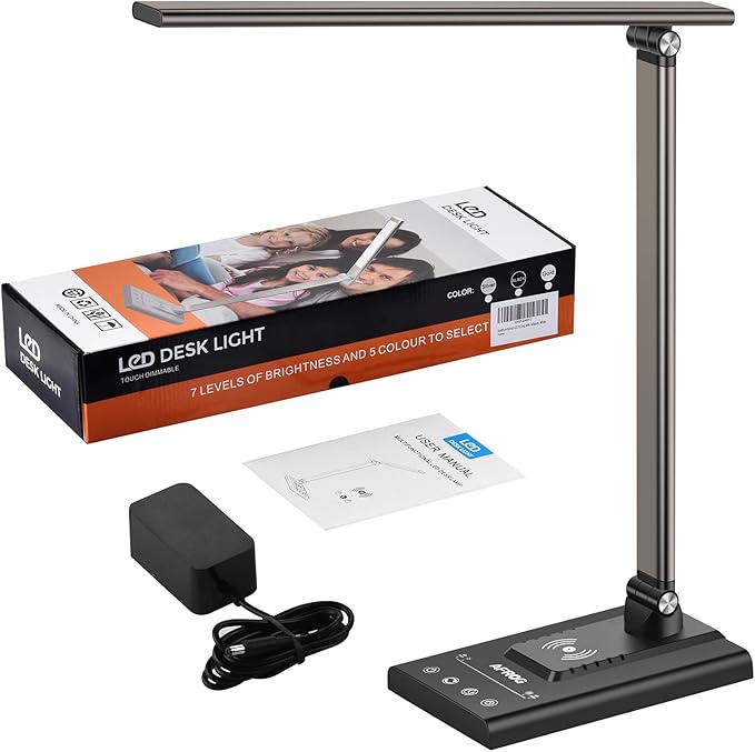 AFROG 5th Gen Multifunctional LED Desk Lamp with 10W Fast Wireless Charger, USB Charging Port,1800Lux Super Bright,5 Lighting Mode,7 Brightness, Touch Control, Auto Timer, 15W Office Table Lamp