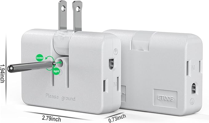 2-Prong/3-Prong Swivel Adapter, Polarized Grounding Converter with Flat Wall Plug, Fireproof 3-Outlet for Home Use (2 Pack)
