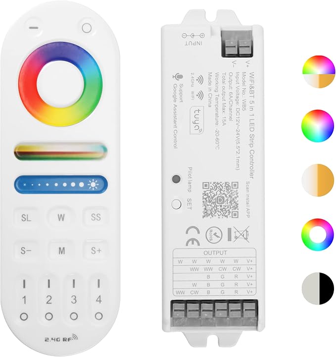 HUSUKU RS Series RGB CCT LED Controller Kit (R1+S1), 12-24V 180W-360W, RF Wireless Remote Control / 5-in-1 WiFi Controller Compatible with Alexa Google Home Smart Life Tuya Smart APP Control