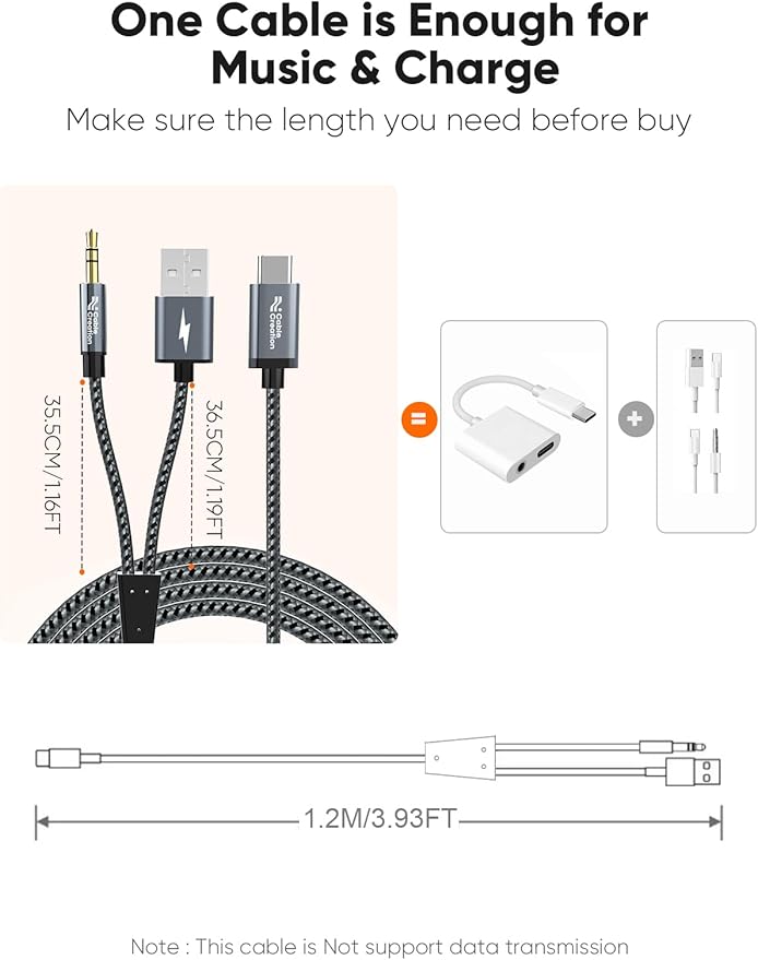 CableCreation USB C to 3.5mm Audio Cable with USB Charging Cable, Car Aux Cable, Type C to Aux Jack Headphone Car Stereo with 18W Charge for iPhone 16 15 Pro Max Plus, Galaxy S24/S23+, Pixel 9/8/7+