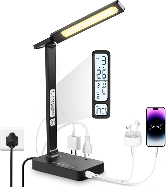 Infiway Desk Lamp with USB Charging Port: LED Eye-Caring Smart Table Light for Home Office - 1 Type-C, 1 USB-A Charging Port, 2 AC Power Outlets