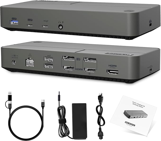 DisplayLink Docking Station 3 Monitors with 130W Power Supply,15 in 1 USB C Triple 4K Display Dock for M1 M2 M3 M4 Thunderbolt MacBook Pro/Air and USB-C/A Port Windows Laptops (3 HDMI, 2 DP)