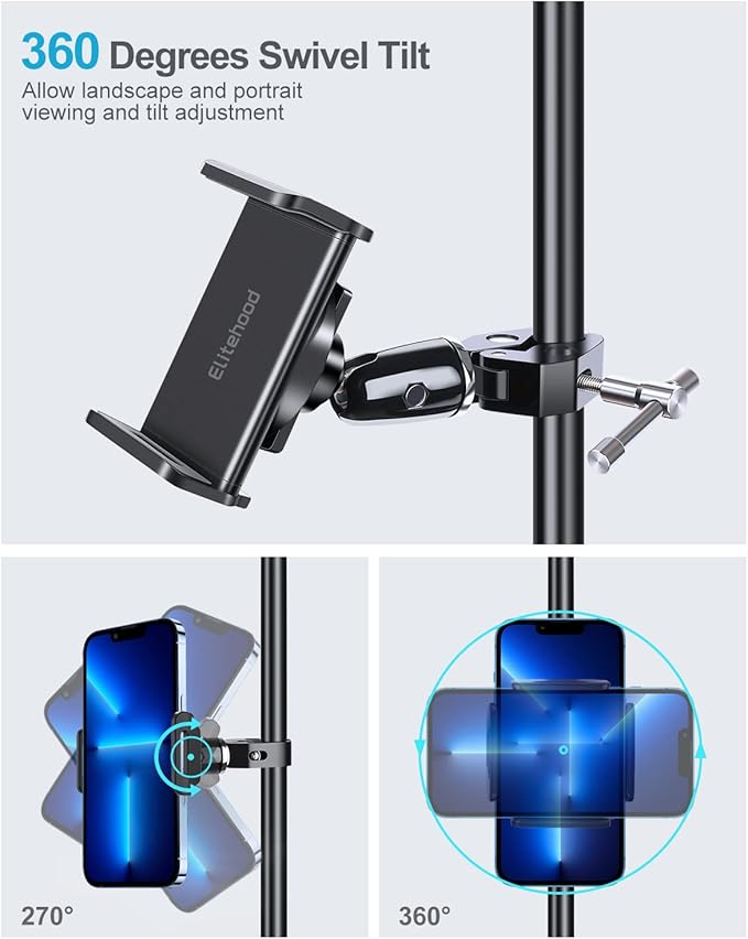 elitehood 360 Swivel Tilt Phone Holder and Mount, Adjustable for Music Boom Mic and All iPhone, Android Cell Phone