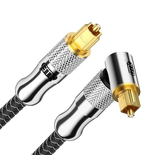 EMK Premium 24K Gold-Plated Right Angle Optical Cable – 90° Toslink to Toslink (2M/6Ft), 360° Rotatable for Soundbars, TVs & Home Theater