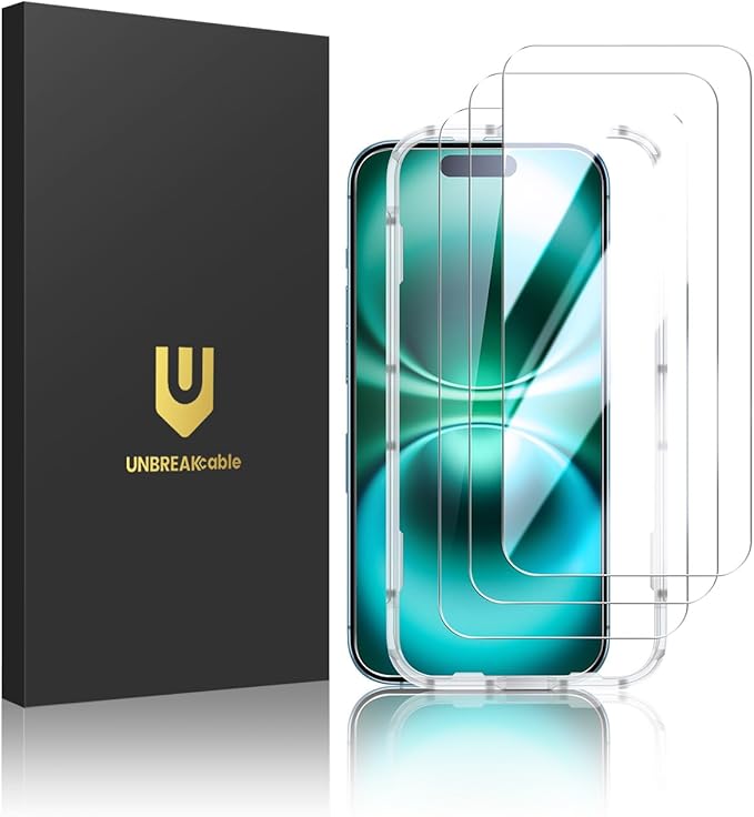 UNBREAKcable 3-Pack Screen Protector for iPhone 16 Plus, Double Shatterproof Tempered Glass [Easy Installation Frame] [9H Hardness] [99.99% HD Clear] [Case Friendly] for iPhone 6.7 inch