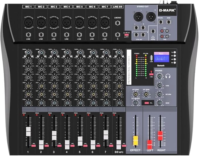 G-MARK MR80S Audio Mixer Interface USB Bluetooth Mixing Console 8 Channel 48V Phantom Power Sound Board Music Reverb For PC Stage DJ Studio Sound Controller Analog Mixer