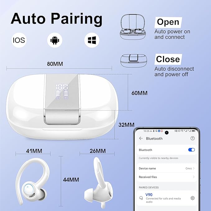 Wireless Earbuds Bluetooth 5.3 Headphones Sports, 48Hrs Playtime Bluetooth Earbuds with CVC 8.0 Mic, 2025 Stereo Bass Over Ear Bud with Earhooks, LED Display, IP7 Waterproof Earphon for Running White