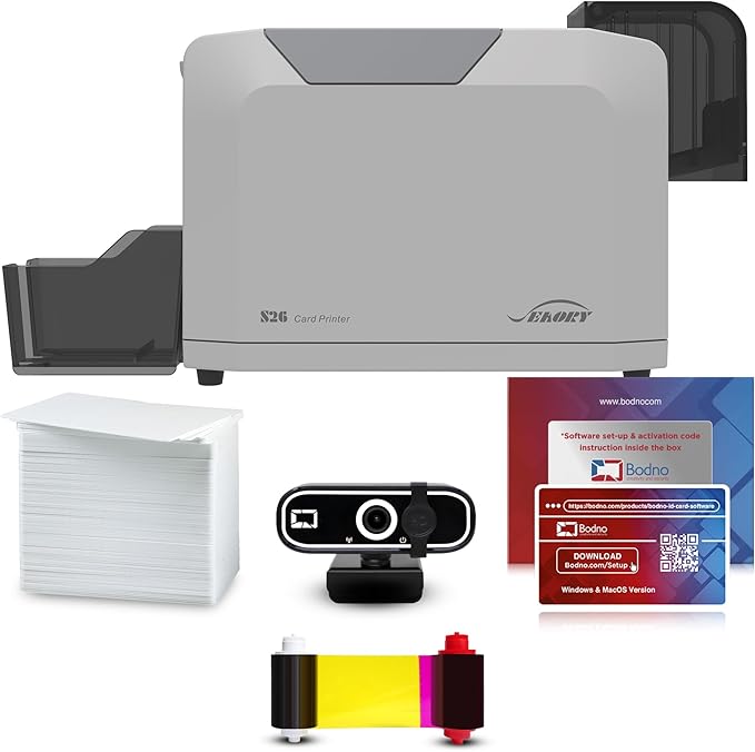 Bodno Seaory S26 Single Sided ID Card Printer & Complete Supplies Package ID Software and Camera - Gold Edition