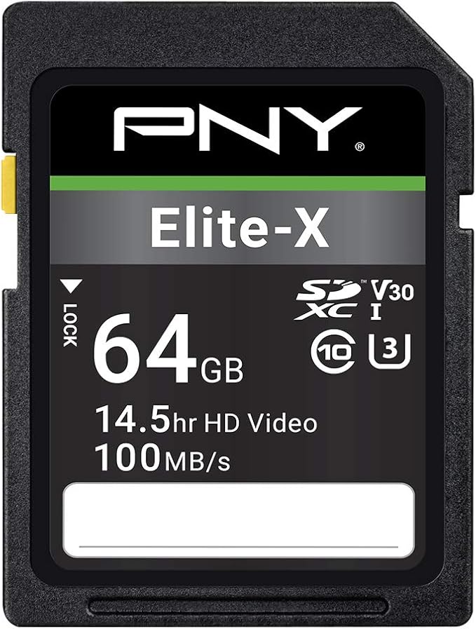 PNY 64GB Elite-X Class 10 U3 V30 SDXC Flash Memory Card - 100MB/s, Class 10, U3, V30, 4K UHD, Full HD, UHS-I, Full Size SD (Pack of 1)