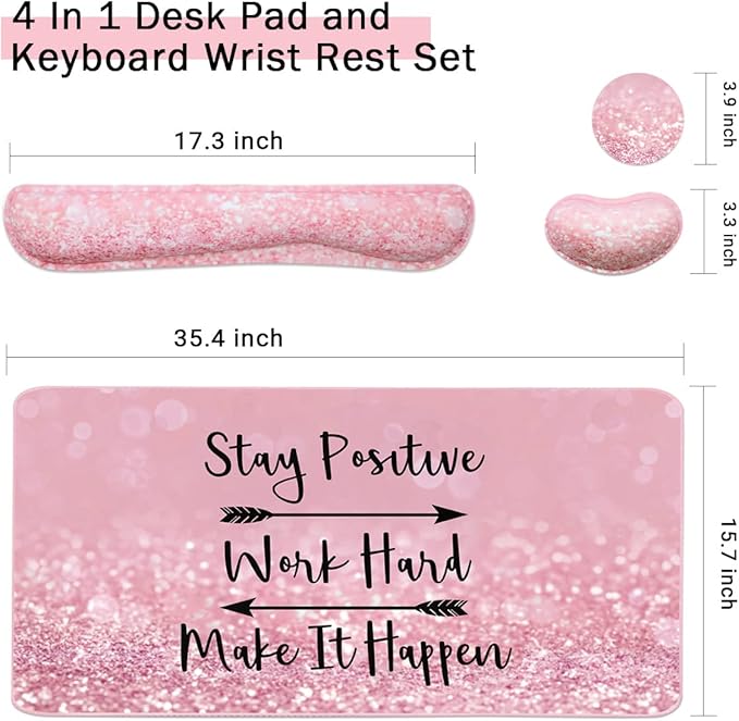 Large Mouse Pad and Keyboard Wrist Rest, Desk Pad for Keyboard and Mouse, 4-in-1 Large Gaming Mouse Pad with Wrist Support, Desk Mat for Home Office Study Game-Pink Stay Positive