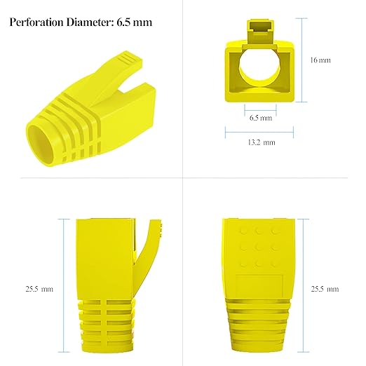 100Pack RJ45 Boot Cover, Cat5 Cat6 Cat6A Ethernet Network Cable Strain Relief Boot, Fits Overall Jacket Diameter 5.5-6.5MM Ethernet Cable (Hole Diameter: 6.5mm, Yellow)