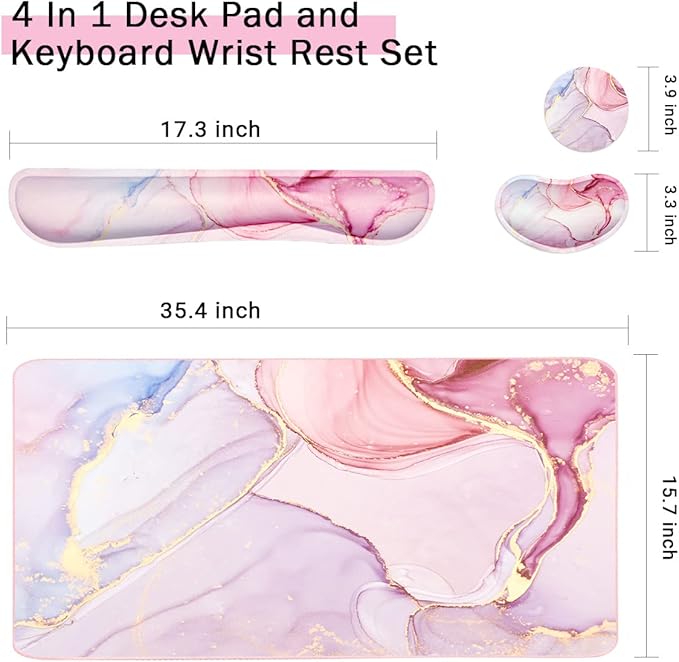 Large Mouse Pad and Keyboard Wrist Rest, Desk Pad for Keyboard and Mouse, 4-in-1 Large Gaming Mouse Pad with Wrist Support, Non-Slip Desk Mat for Home Office Study Game-Pink Marble