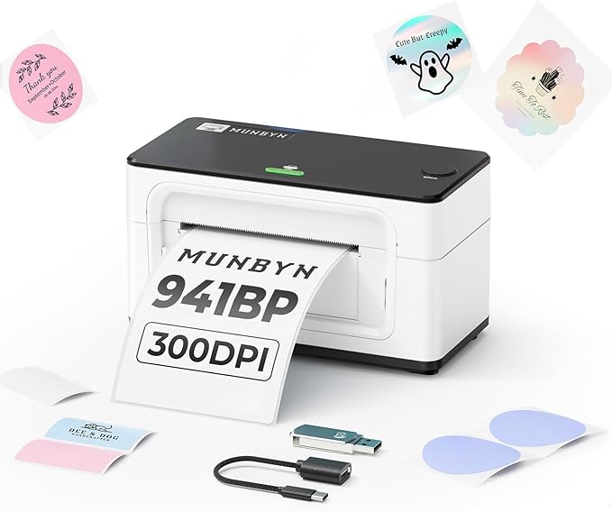MUNBYN Bluetooth Thermal Label Printer 941B, Wireless 300DPI 4x6 Shipping Label Printer for Small Business, Compatible with Windows, Mac, iPhone, Android, PC, Ebay, Amazon, Shopify, Etsy, USPS (White)